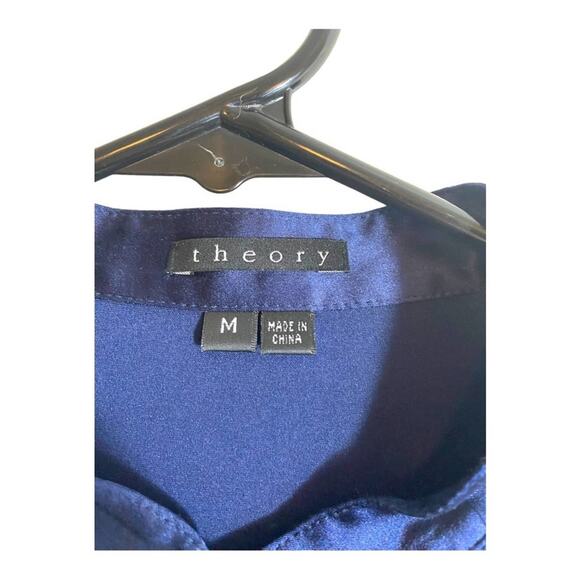 THEORY TOP M SILK BLEND BLUE BLOUSE LONG SLEEVE SHIRT PLEATED KEYHOLE PINTUCK - Picture 3 of 7